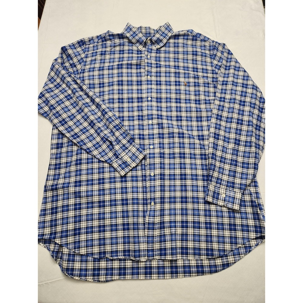Ralph Lauren Shirt Mens 3XLT Blue White Plaid Long Sleeve Button Down Flesh Pony
